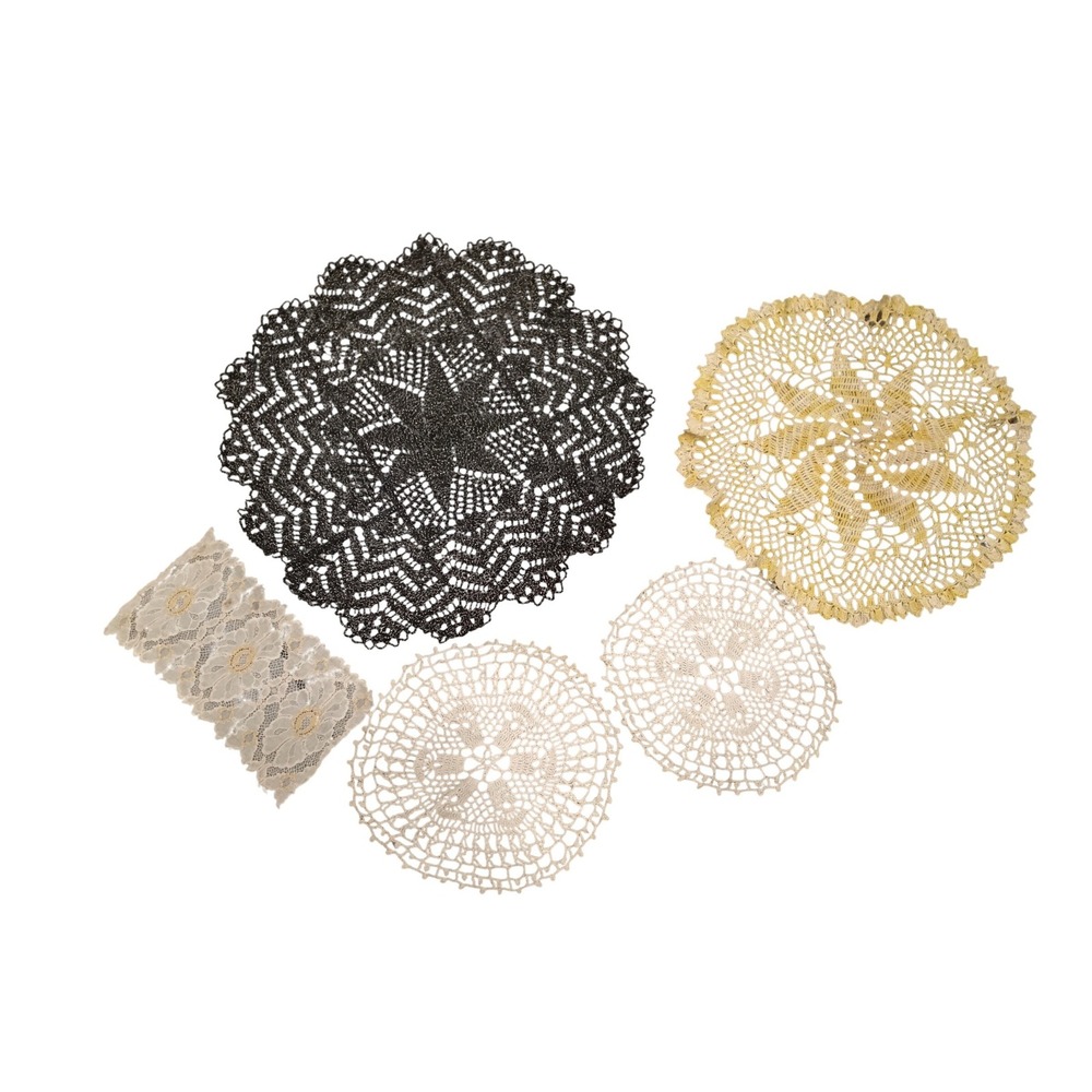 Vintage Crochetโ Doilies Mixed Lot 5pc Lace Table Decor Black Gold Yellow Cream